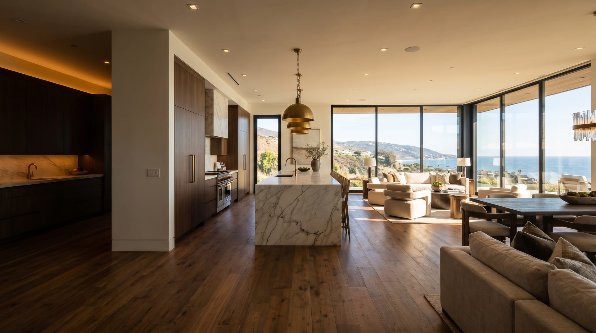 Luxury Orange County kitchen remodel with marble island and ocean view