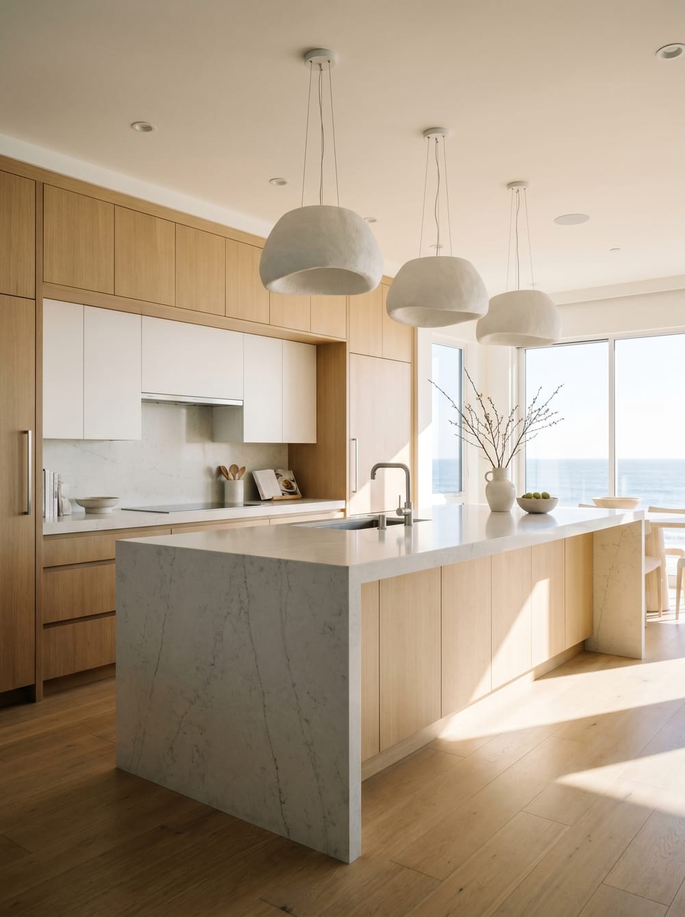 Modern kitchen renovation with island and quartz countertops in Newport Beach, CA