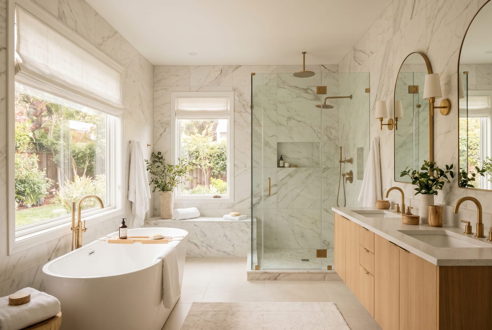 Luxury remodeled bathroom with freestanding tub and walk-in shower