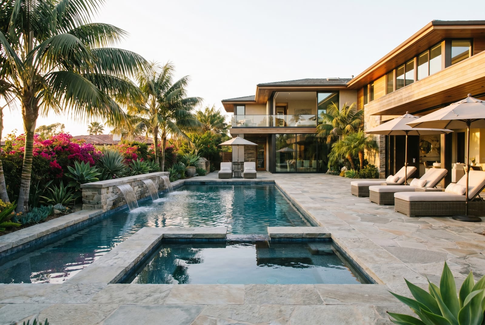 Resort-style backyard pool with spa and modern hardscape